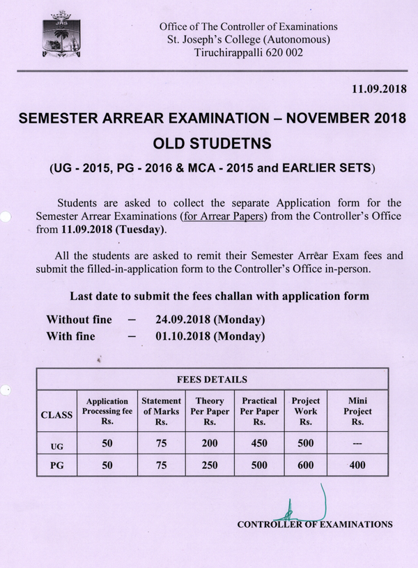 semester arrear examination fees - november 2018 (old students)